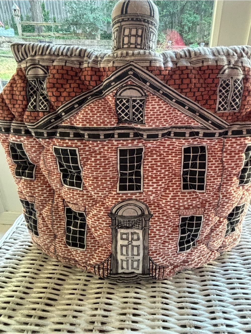 House-Print Decorative TEA COZY in Brick Red and Black Fabric.